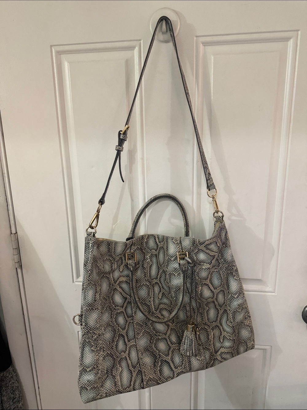 Gilli Python-Print Tote in Gray and Cream with Gold Hardware